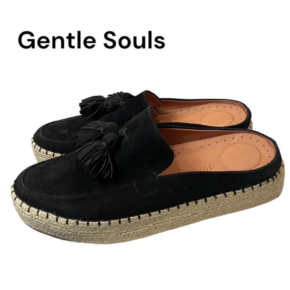 Gentle Souls Kenneth Cole Black Suede Leather Rory Espadrille Platform Mules 9.5